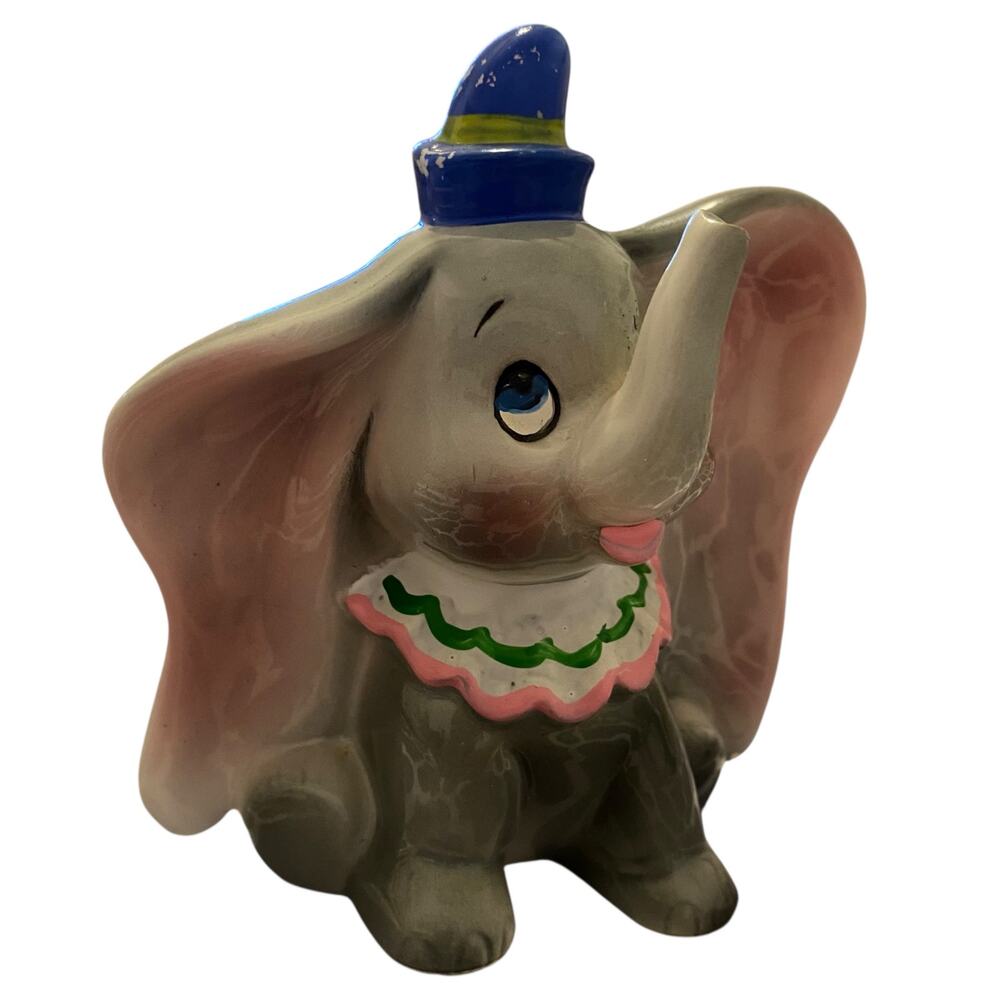Vintage 1950'S WALT DISNEY DUMBO ELEPHANT Figurine, GRAY & PINK w/ BLUE HAT, 5"
